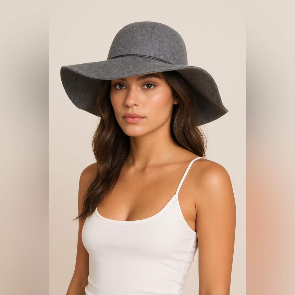 New! PHENIX Round Crown Floppy Wool & Leather Hat in Gray One Size